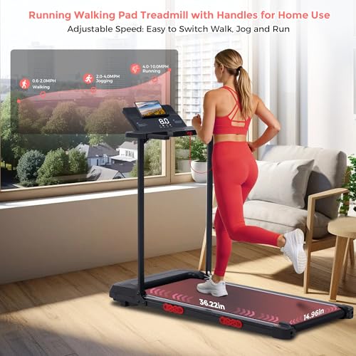 Image of Walking Pad with Handle Bar, 3.5HP Electric Portable Walking Pad Treadmill with Handles, 0.6-10MPH Running Treadmill with Handles for Home Small, Big Screen, 400LBS Capacity