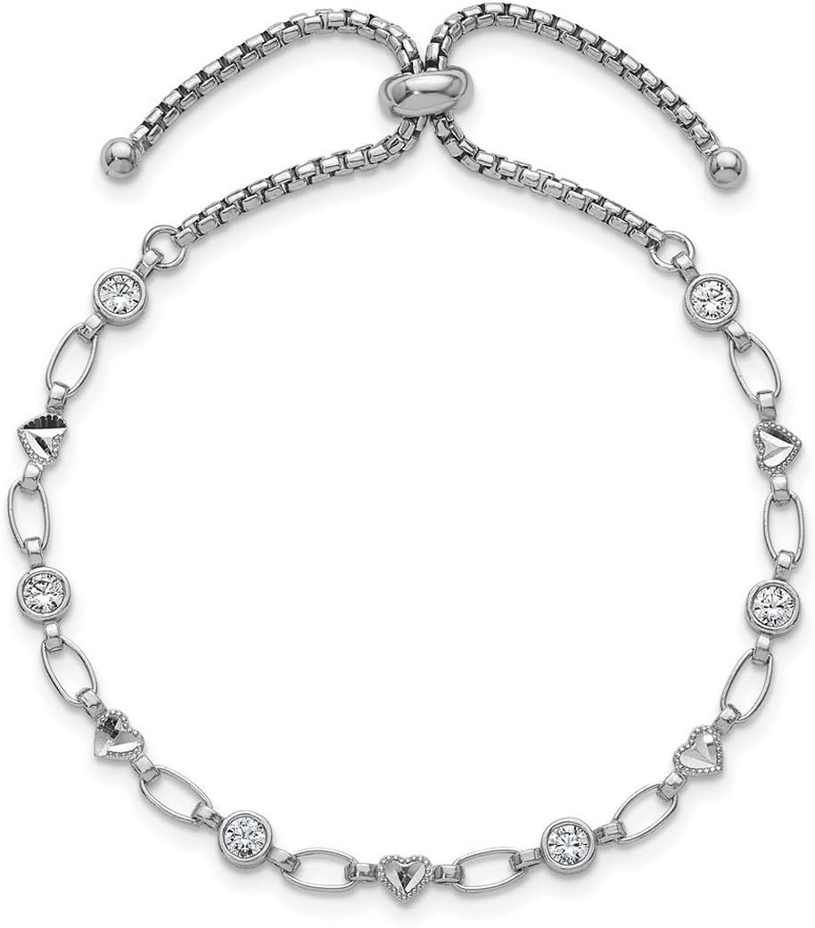 JewelryWeb 1.8mm 925 Sterling Silver Rhodium Plated Polished Cubic Zirconia and Love Heart Bolo Bracelet Link Bracelet for Women - Image 3