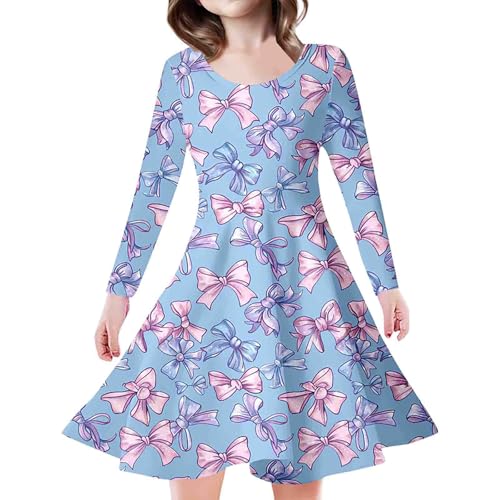 RONGTAI Girls Dresses Long Sleeved Bow-Knot Print Causal Dresses for 4-13Y Kids Girl Gifts
