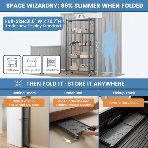 Image of ALANNG 70.7 inch H Metal Storage Shelves, 5 Tier Folding Shelf on Wheels | Heavy Duty, No Assembly, Rolling, Collapsible Rack Unit for Kitchen, Basement, Pantry (Gray,4 Pack)