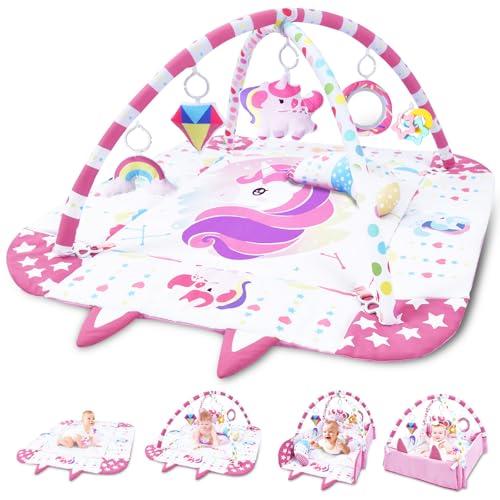 TFDER Baby Spieldecke mit Spielbogen，Multifunktionsspielbogen für Neugeborene mit 7 abnehmbaren sensorischen Spielzeugen，Krabbeldecken für Babys und Kinder ab 0+ Monaten (Rosa Lila)