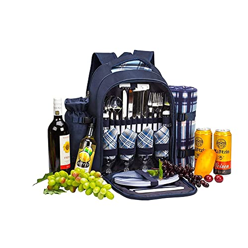 Portable Picnic Backpack Cooler for 4 Person with Tableware Insulated Cooler Compartment Picnic Blanket and Picnic Cutlery Outdoor Camping Bag