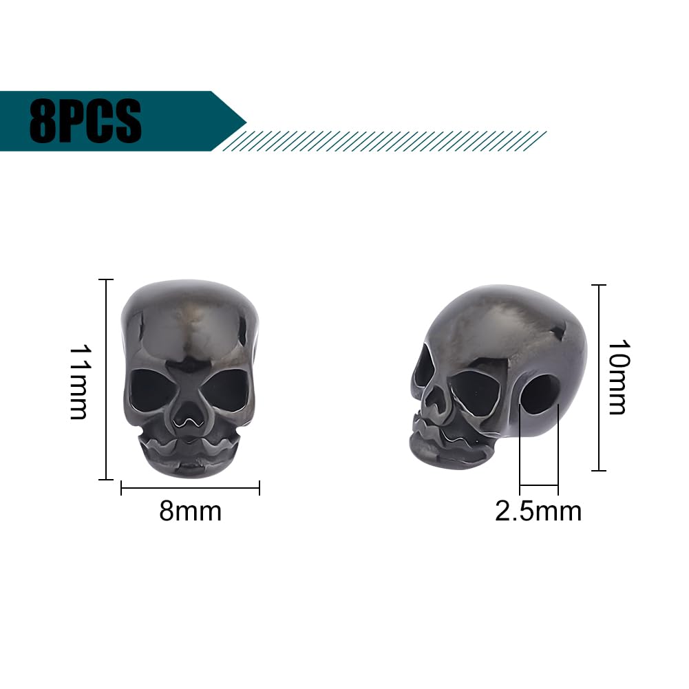 8Pcs Skull Beads For Jewelry Making - Stainless Steel Spacer Beads 14mm, Black Gothic Beads For DIY Bracelets & Necklaces