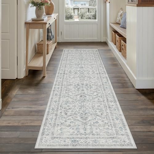 Blue 2x8 Runner Rug Vintage Area Carpet Hallway Indoor Kitchen Washable Low Pile Traditional Distressed Retro Accent Throw Rug Non Slip for Laundry Bathroom Office 2' x 8' (Runner) Neutral B