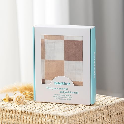 Image of BabyWhale Muslin Swaddle Blanket with Hat and Headband Bow, Checkered Pattern Swaddle Set for Baby Boys ＆ Girls, Unisex Newborn Soft Receiving Swaddle Wrap, 47x47 inches