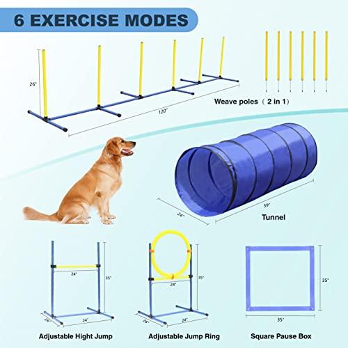 Aetleemo Dog Agility Training Equipment Set, Outdoor& Indoor, Deluxe Obstacle Course Starter Kit W/Tunnel, Adjustable Hurdle, Jumping Ring, 6 Weave Poles, Pause Box, Carry Bag #TOP1
