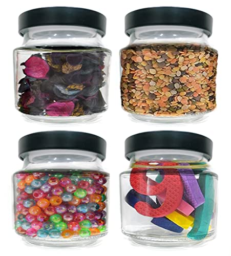 Image of Piraml Glass Transparent Jars & Containers for Kitchen Pantry, Snacks, Masala, Pickles, Dry Fruits, Coffee Beans Storage with Black Color Double Layer Metal Pop Lid (Set Of 4) (600ml Round Black Cap)