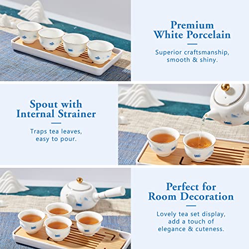 Dujust Porcelain Chinese Tea Set, Small Size Kungfu Tea Set, Traditional & Classic Chinese Landscape Decorated With Golden Trim (Including 1 Teapot, 4 Tea Cups, 1 Tray) #TOP3