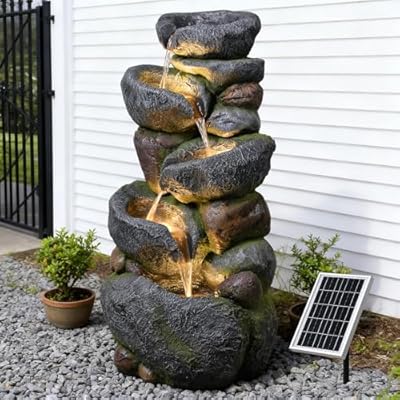 Pivotify 5-Tier Rock Solar Water Fountain Outdoor Garden, 36.2''Tall Cascading Natural Solar Powered Fountain Outdoor with LED Lights, Water Feature for Garden, Patio, Deck, Backyard Decor