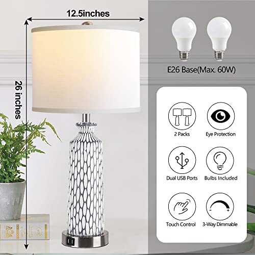 QiMH Table Lamp for Living Room,Bedside Lamps for Bedroom Set of 2 with USB A+C Ports,3-Way Dimmable Touch Control, Modern Coastal White Grey Resin Nightstand Lamp, Included 2700K LED Bulbs - Image 5