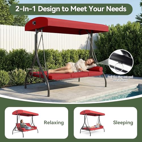 Image of Aoxun Outdoor Porch Swing with Stand and Canopy, 3 Seats Outdoor Swings for Adults, Convertible 2 in 1 Swing Bed with Cup Holder, Patio Swings with Thicken Cushions for Garden, Yard & Balcony, Wine
