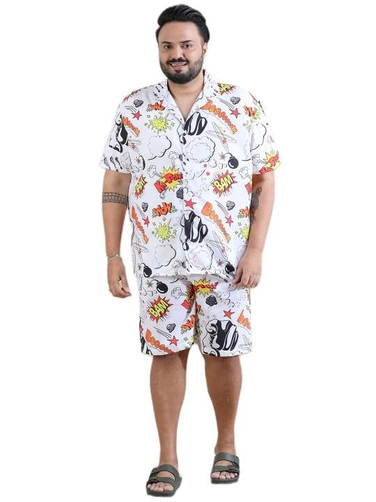 bushirt Plus Size Printed Half Sleeves Shirt & Shorts Set White 5XL-picture-18