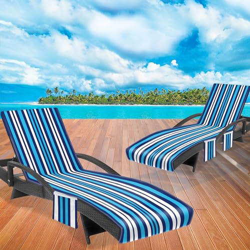 Lounge Chair Towel Cover 2 Pack with Pockets & Straps, Oversized 85" x 30" No-Slip Beach Chair Covers, Pool Chaise Lounge Towel, Resort Stripe Patio Lounger Cover for Beach Garden, Blue White by Ruikyhom - Image 2