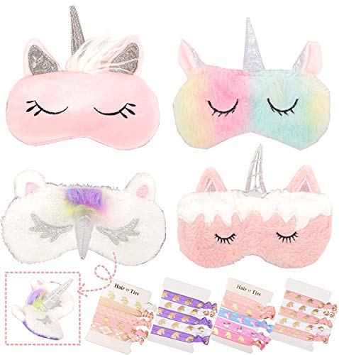 Unicorn Sleeping Mask, 4 Pack Soft Plush Blindfold Cute Unicorn Horn Sleep Mask, 4 Unicorn Hair Ties Elastic Hair Ties, Eye Mask Cover for Girls Women Kids, Cute Unicorn Eye Mask