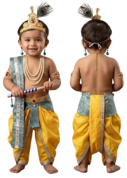 Image of Krishna Dress for Baby Boy Kids Janmashtami Costume | Dhoti & Patka Included, Mukut & Morpankh, Bansuri & Kamarband, Bajuband & Kundal, 8-Piece Set