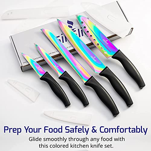 image for SiliSlick Kitchen Knife Set, Rainbow Titanium Coated Blades, High Carb
