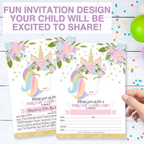 Hadley Designs 25 Pastel Unicorn Kid Party Invitation, Birthday Royal Princess Queen Crown Girl Bday Invite, Magical Rose Pink Gold Floral Glitter Rainbow Bday Idea, Magic Fairytale Printable Template #TOP4
