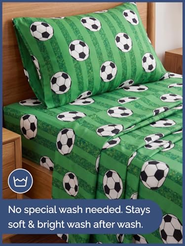 Image of Kids Twin Size Soccer Bed Sheets - 3 Piece Kids Soccer Sheet Set | Soccer Themed Bedding, Ultra-Soft, Cute & Cozy, Breathable & Machine Washable, Kids Bed Set for Boys, Girls, Teens & Toddlers
