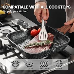 Nonstick Grilling Pan for Stove Tops, 9.5 Inch Square Grill Pan for Indoor Cooking, Granite Coating Grill Skillet with Pour Spouts, Versatile Griddle, Induction Steak Pan, PFOA Free Nonstick Grilling Pan for Stove Tops 95 Inch Square Grill Pan for Indoor Cooking Granite Coating Grill Skillet with Pour Spouts Versatile Griddle Induction Steak Pan PFOA Free