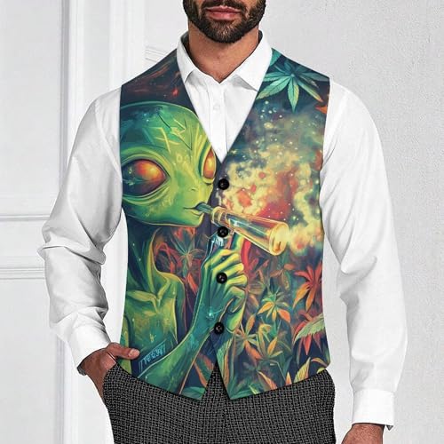 Green Aliens Weed Suit Vest for Men Slim Fit Sleeveless Jacket V Neck Business Waistcoat Button Up Dressy Top4