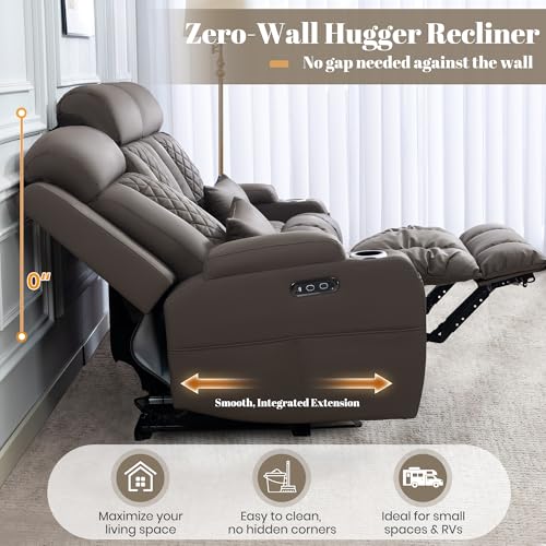 Image of Zero Wall Hugger Power Reclining Sofa with Adjustable Headrest, Electric Reclining Couch with Drop-Down Table,Outlets, Power Loveseat Recliner Sofa for Living Room (PU Brown, 3 Seat)