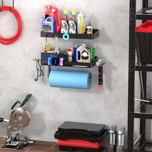 Image of ZUNTO Pack of 2 Black Paper Towel Holder and Organizer Shelf for Garage, Wall Mounted Paper Roll Holder with Shelf and Hooks, Drilling Garage Organization and Storage