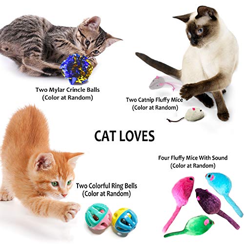 Cat Toys Set, Cat Retractable Teaser Wand, Catnip Fish, Interactive Cat Feather Toy, Mylar Crincle Balls, Two Cotton Mice, Four Fluffy Mouse #TOP3