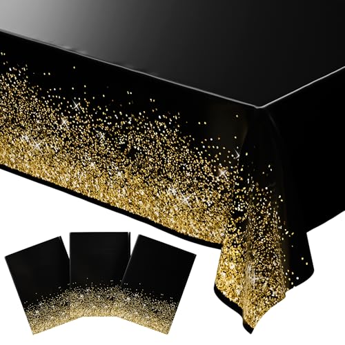 Image of Blue Orchards Black Gold Tablecover (Pack of 3) 108 inch x 54 inch - Elegant Party Decoration, Backdrop, Accent, Black and Gold Glitter Tablecloth for Parties, Birthday, Graduation, Wedding & Events
