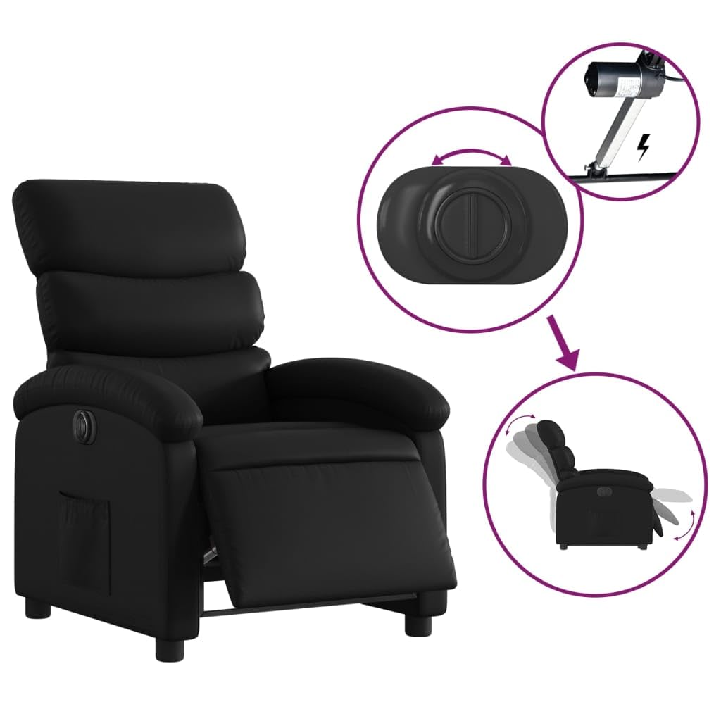 Fotel relaksacyjny, elektryczny, czarny, sztuczna skóra, z funkcją leżenia, regulowane oparcie i podnóżek, stabilna rama drewniana, ergonomiczny fotel telewizyjny do salonu i kącika do