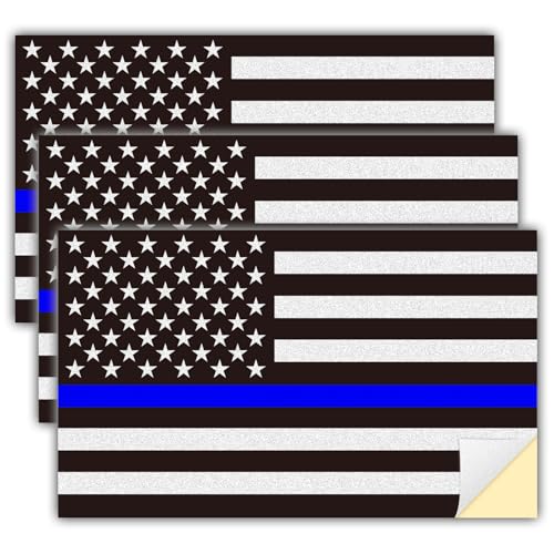 3pcs Reflective US Flag Stickers 5x3 Vinyl Thin Blue Line American Flag Decal Car Laptop Bumer Sticker Support USA Police and Law Enforcement Officers Bandera Azul de polica para carro