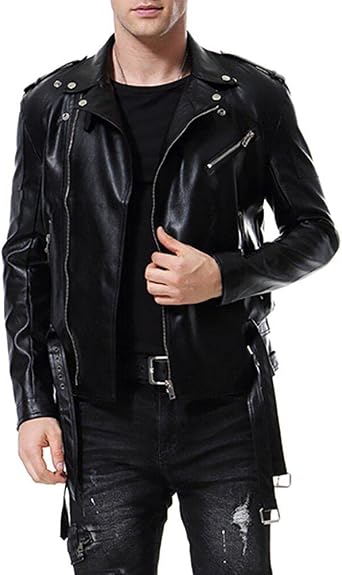 Mens Motorcycle Faux Leather Jacket Zip Slim Fit Double Belt Punk Biker Jacket