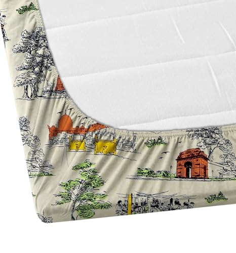 Image of DECORUM Glace Cotton Fitted 1 Bedsheet King Size (72 inchx78 inch) | All Around Elastic | Cotton Feel | 2 Pillow Covers (17 inchx27 inch) | Fits Up to 8 inch Mattress | 200-220 TC | Printed Double Bed Sheet Set