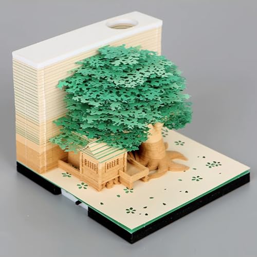 3D Notizblock, nicht verklebt, 3D Baumhaus (Grün) Papierkunst mit Anzeigebox glasklar, 9 x 9 x 6 cm, 260 Blätter, Tischdeco