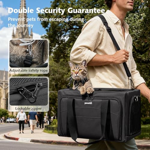 Pecute Cat Carrier Expandable, Stable Pet Carrier with 5mm Thick Steel Wire Frame, Dual-Side 200% Larger Space, Car Travel Carrier with Locking Zippers & Belt, Foldable for Storage, Dark Gray - Image 4