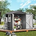 COMHOMA Shed Storage Outdoor Metal Windowed Lockable Garden Toolhouse Weatherproof Ventilated Backyard Utility Workshop(Grey,6'x4')