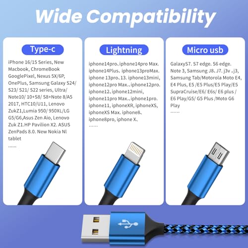 Image of Multi Charging Cable(3Pack 4FT), 3 in 1 Charging Cable for Multiple Devices | USB Multi Charger Cord with Type-C, Micro USB and IP Port for iPhone 17 /16 /15 /14 /13 /iPad /Android /Tablets, Car, Travel, More