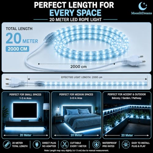 Image of MoonlitDreams 20M LED Rope Light | 120 LEDs /M Waterproof Strip Light | Ice Blue Flexible Cove Light for False Ceiling, Balcony, Bedroom, & Indoor Outdoor Decoration | Plug & Play Decorative Light