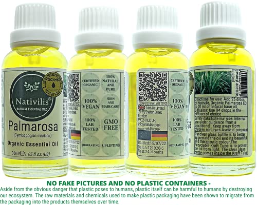 Nativilis Organic Palmarosa Essential Oil 30ml (Cymbopogon martinii), 100% Pure GC/MS Tested, Skin Balancing - Image 2