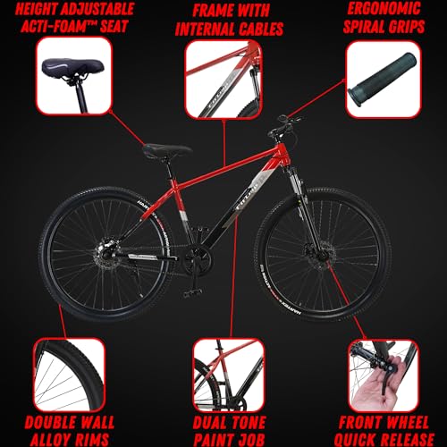Image of FitTrip Dominator 29T MTB Cycle for Men Non Gear | Zoom Lockout Suspension | Clarks Dual Disk Brakes | Dual Tone Paintjob with Crystals | Single Speed | Zero Maintenance (Rouge Red)