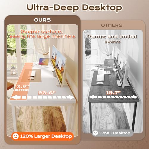 Image of Huuger 55 x 24 inch Desk with Power Outlets & USB-C, Deeper & Thicker Desktop, Robust Metal Tubes, Computer Desk, Heavy Duty Office Desk, Work Gaming Desk for Home Office, White