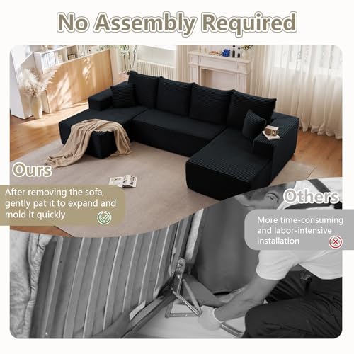 Image of Sectional Cloud Couch for Living Room, Stupendous U Shaped Sofas, Modular Floor Deep-Seat Sofa, Big Comfy Corduroy Couches Set with Fluffy Memory Foam, No Assembly Required, Black