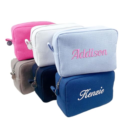 GOPHIE Personalized Embroidered Waffle Makeup Bag - Large Custom Cosmetic Bag