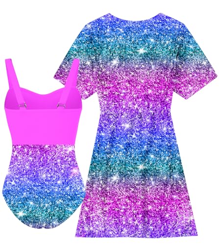 Image of Funnycokid Girls Bathing Suit 1 Piece Swimsuit Glitter Print Cover up 8 9 Years Kid Purple Pink Size 8-9