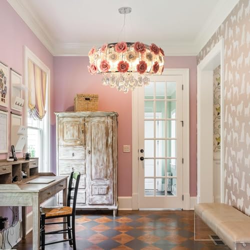 Ruiwing Home PINK-ROSEELQ0076 Romantic Pink Chandelier Ceramic Rose Flower Chandelier, Modern Crystal Pendant Lamp Hanging Ceiling Mount Light thumb #2