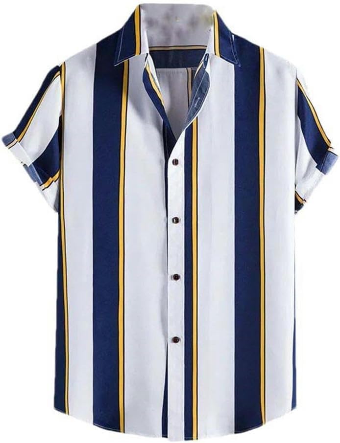 Men's Hawaiian Shirt Summer Striped Short-Sleeved Shirt Lapel Button Men's Street top