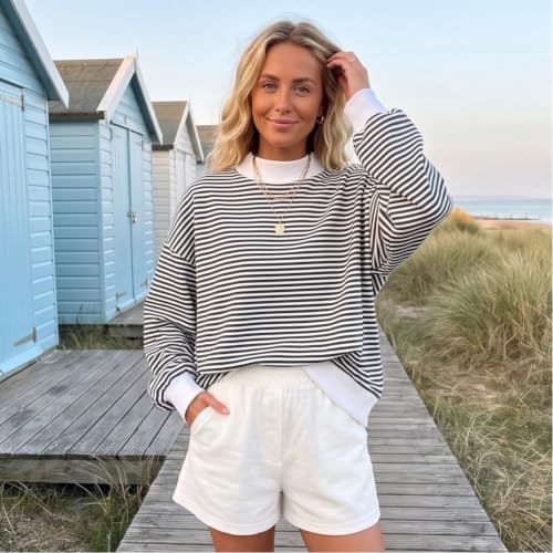 Mock Neck Sweatshirt for Women Striped Oversized Long Sleev Casual Tops - image 2