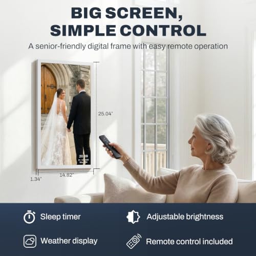 Image of 27 inch Large Digital Picture Frame, 64GB, Anti-Glare Non-Touch, WiFi Wall-Mount Frame for Home /Business, 1920x1080 FHD, Share via App, Email, USB & Micro SD, Remote Included, White