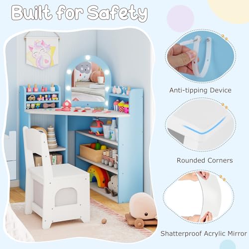Image of Costzon Kids Vanity with Lights, Corner Vanity Desk with Mirror, Storage Shelves, Wooden Princess Toddler Makeup Dressing Table, Kids Vanity Table and Chair Set for Little Girls (Blue)
