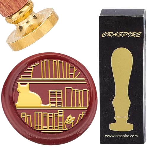 CRASPIRE Cat Wax Seal Stamp Book Theme Wax Stamps 25mm Retro Vintage Removable Golden Brass Stamp Head with Rosewood Handle for Wedding Invitation Graduation Valentine's Day Christmas Thanksgiving