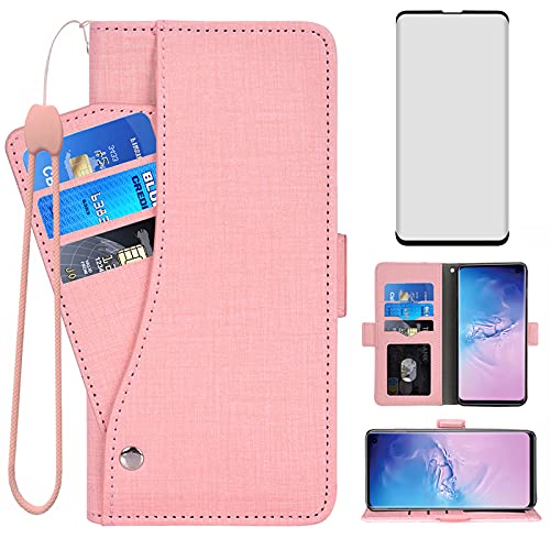 Image of Asuwish Compatible with Samsung Galaxy S10 Wallet Case Tempered Glass Screen Protector and Flip Cover Card Holder Cell Accessories Phone Cases for Glaxay S 10 Edge Gaxaly 10S GS10 X10 Women Men Pink